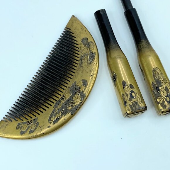 Japanese kanzashi comb and hairpin gold lacquer Pond flower Signed c1950 GS517 main image 6